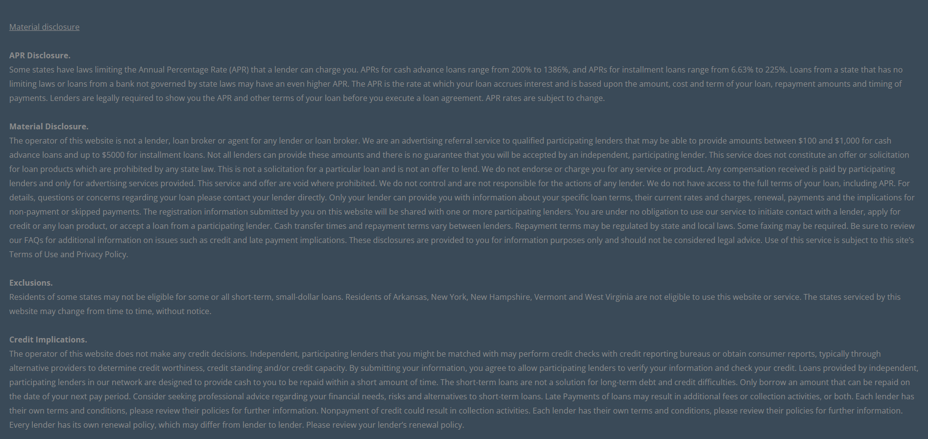 Material disclosure for payday loans in Santa Ana California